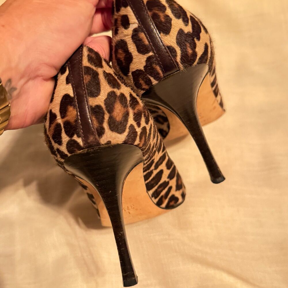 Manolo Blahnik calf hair leopard print peep toe stiletto heels 7 - Picture 7 of 10